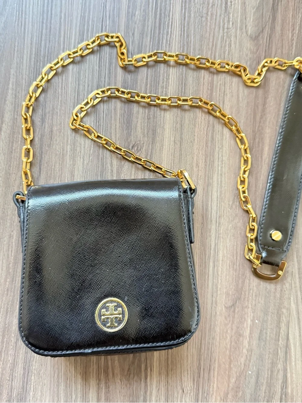 Tory Burch Black Leather Crossbody with Gold Chain Strap